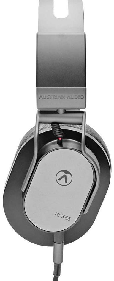 Austrian Audio Hi-X55 studio headphones with over-ear design and black finish, featuring large ear cups and adjustable headband.