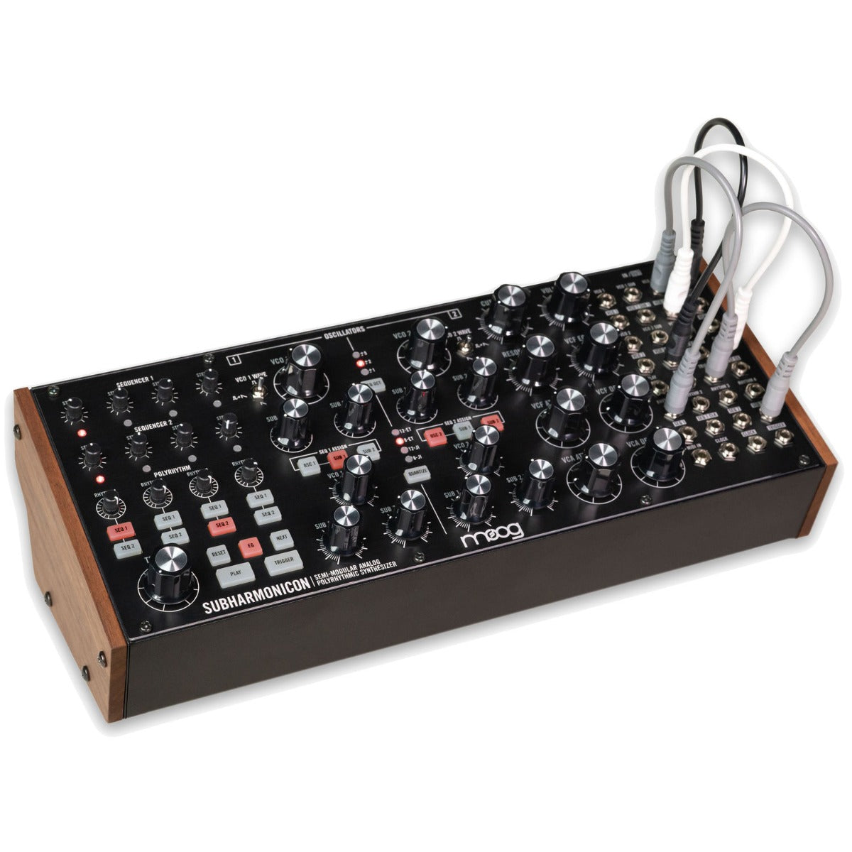 Moog Subharmonicon synthesizer with multiple knobs, patch points, and vintage-style design for creating unique soundscapes.