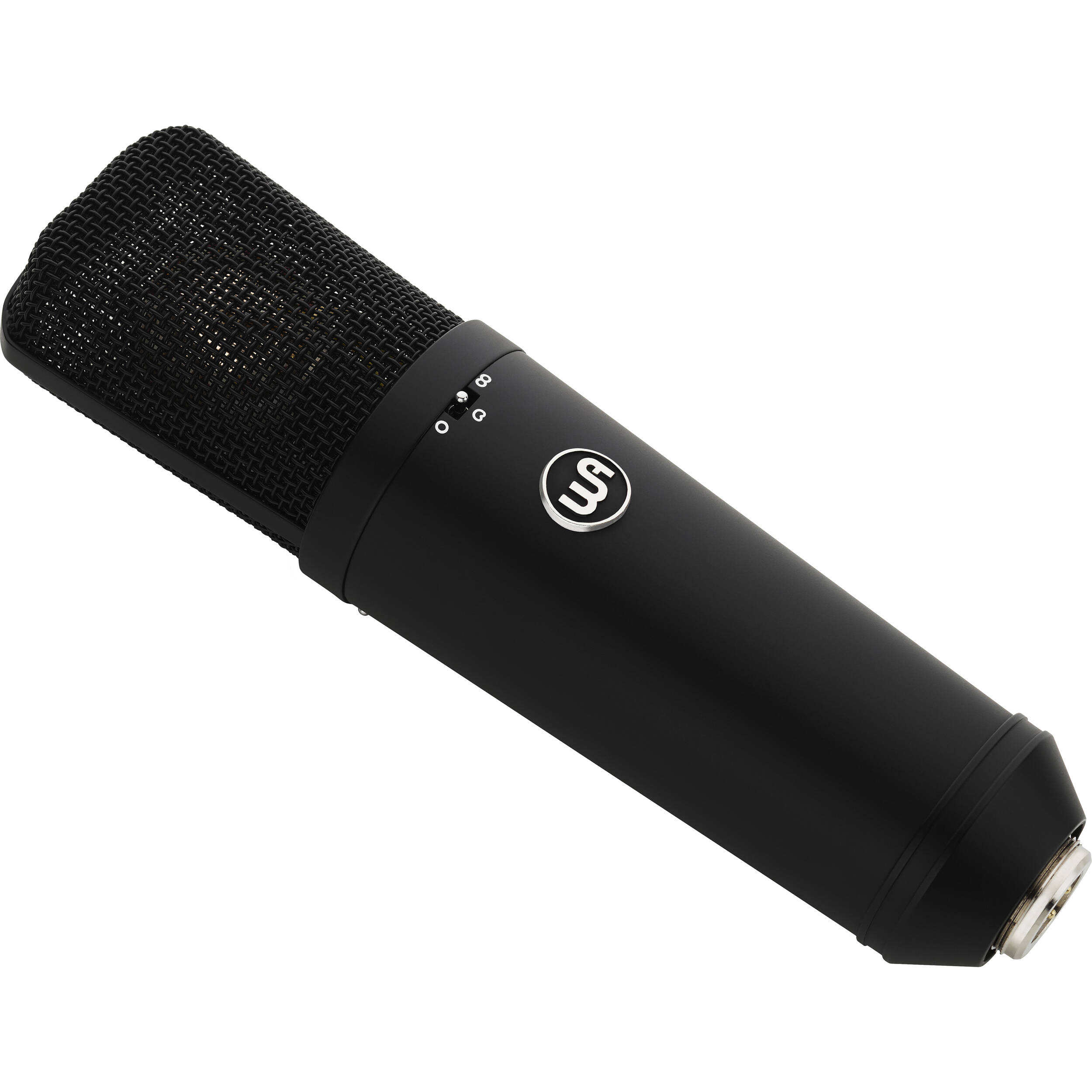 Warm Audio WA-87 R2 condenser microphone shown with metal body and vintage-style grille, ideal for studio recording.