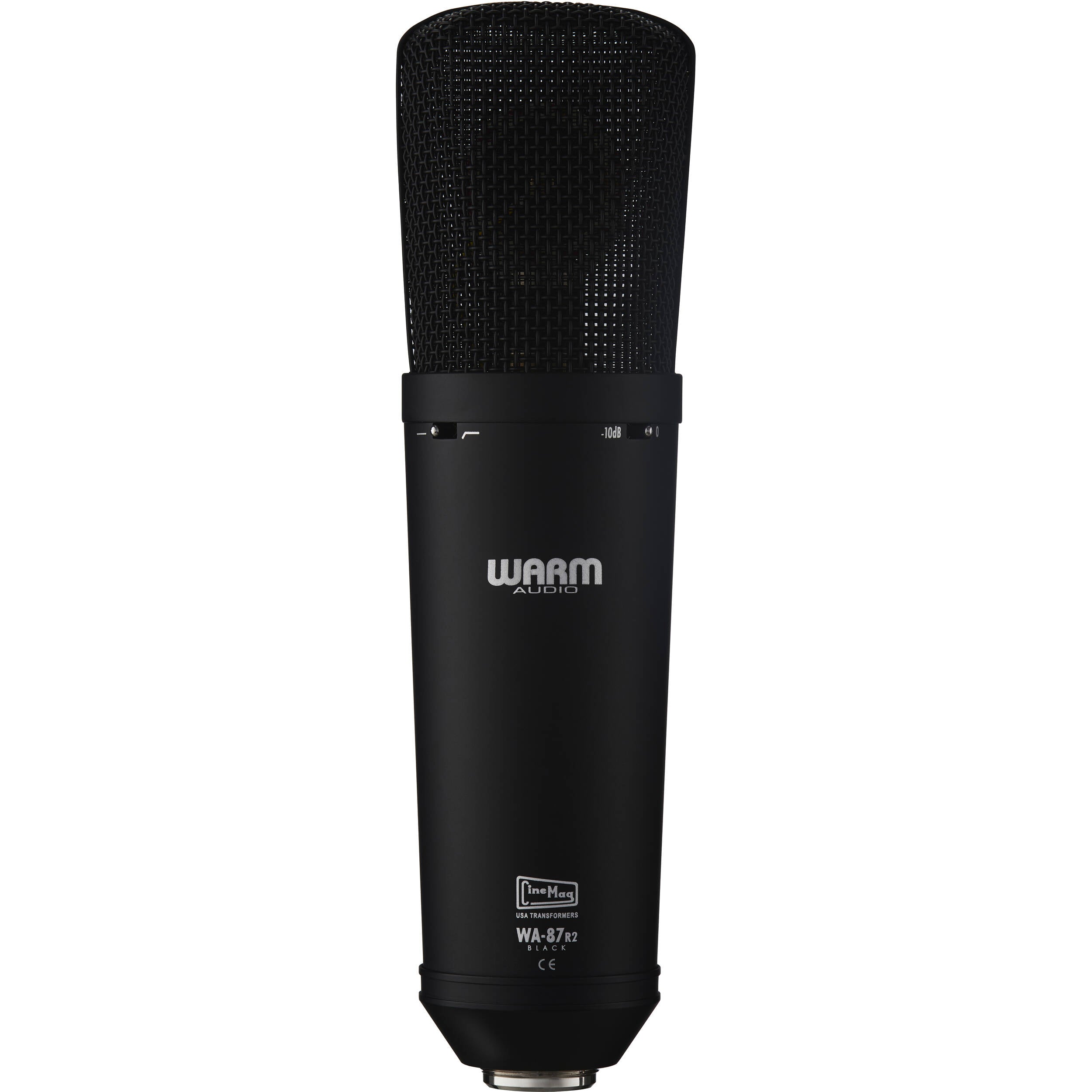 Warm Audio WA-87 R2 condenser microphone with vintage-style grille and attached shock mount on a stand.