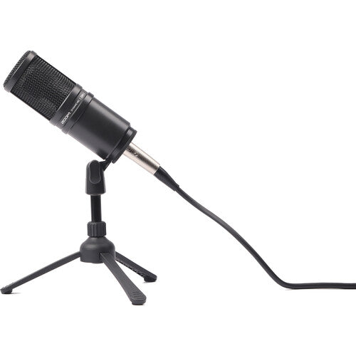 Zoom ZDM-1 dynamic microphone shown with a sleek black design and grille for professional audio recording.