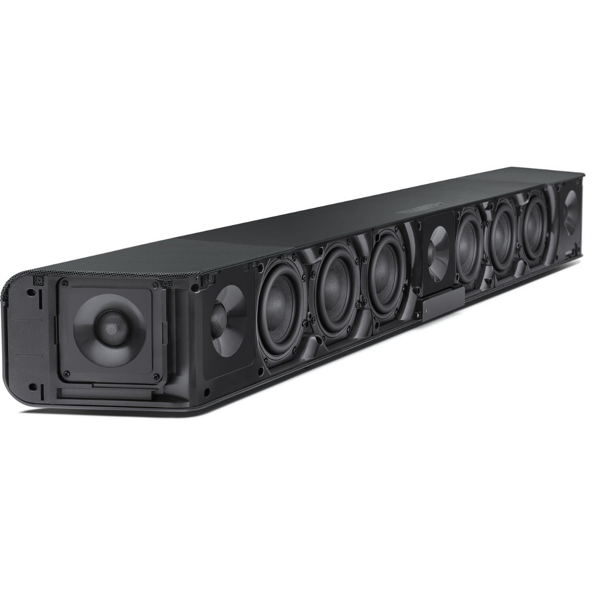 Sennheiser Ambeo Soundbar Max with sleek black design, featuring multiple speaker drivers and control buttons on top.