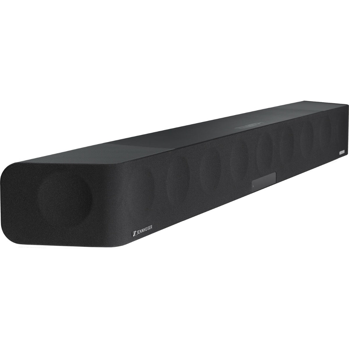 Sennheiser Ambeo Soundbar Max with sleek black design, featuring multiple speaker drivers and a modern TV speaker setup.