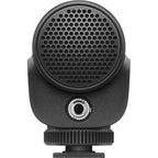 Sennheiser MKE 200 camera microphone attached to a camera, showcasing compact design and professional audio recording capabilities.