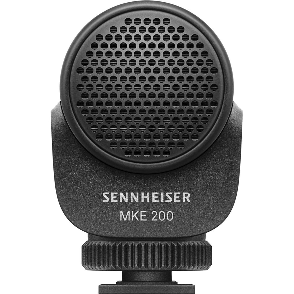 Sennheiser MKE 200 camera microphone attached to a DSLR camera for high-quality audio recording.
