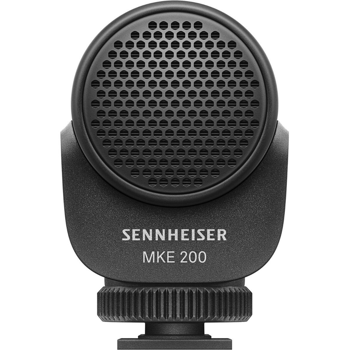 Sennheiser MKE 200 camera microphone attached to a DSLR camera for high-quality audio recording.