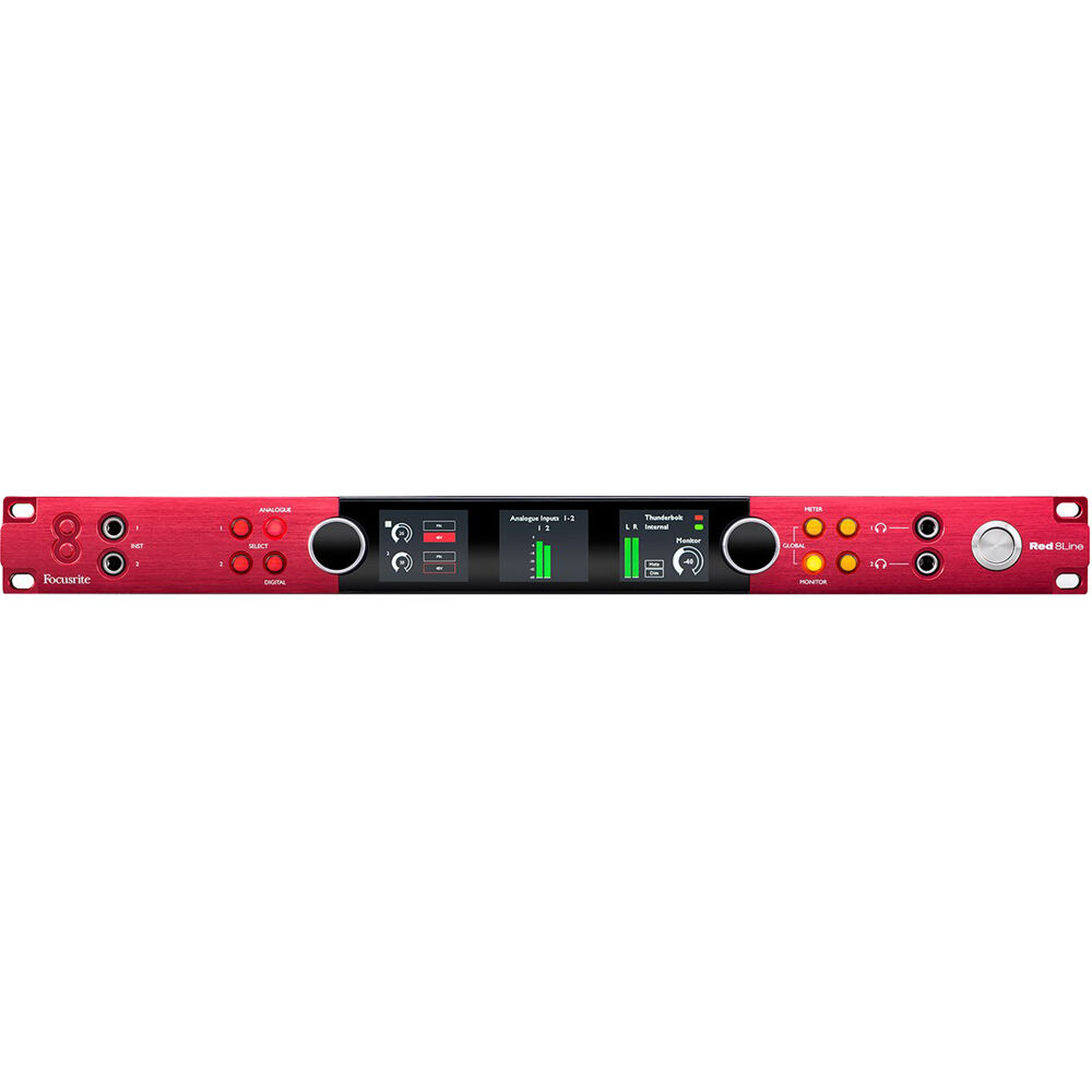 Focusrite Red 8Line audio interface with multiple input and output ports, professional-grade recording equipment.
