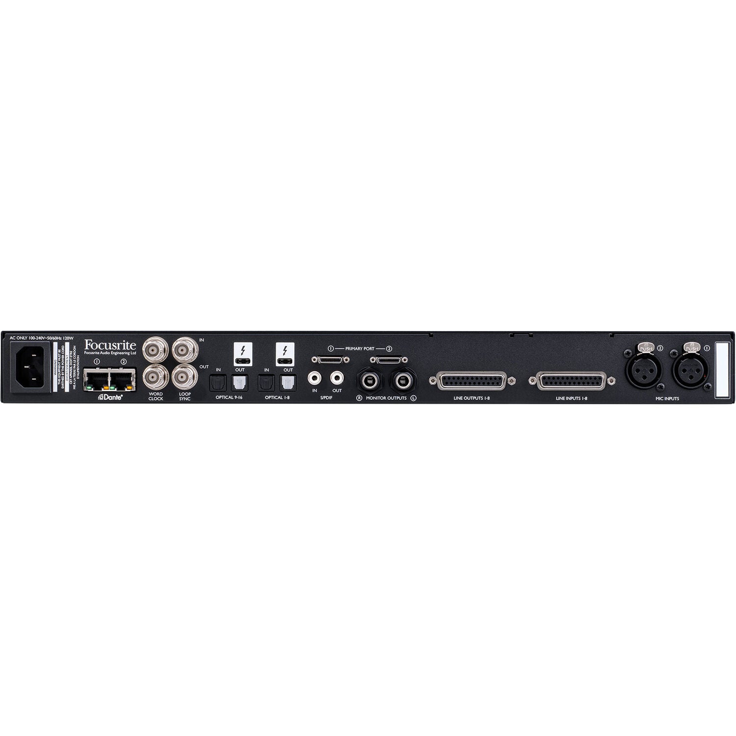 Focusrite Red 8Line audio interface with multiple input and output connections, professional-grade recording equipment.