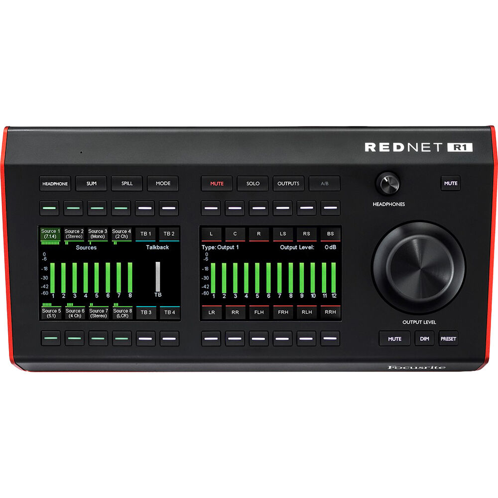Focusrite RedNet R1 studio monitor controller with front panel controls and display, used for professional audio monitoring setup.