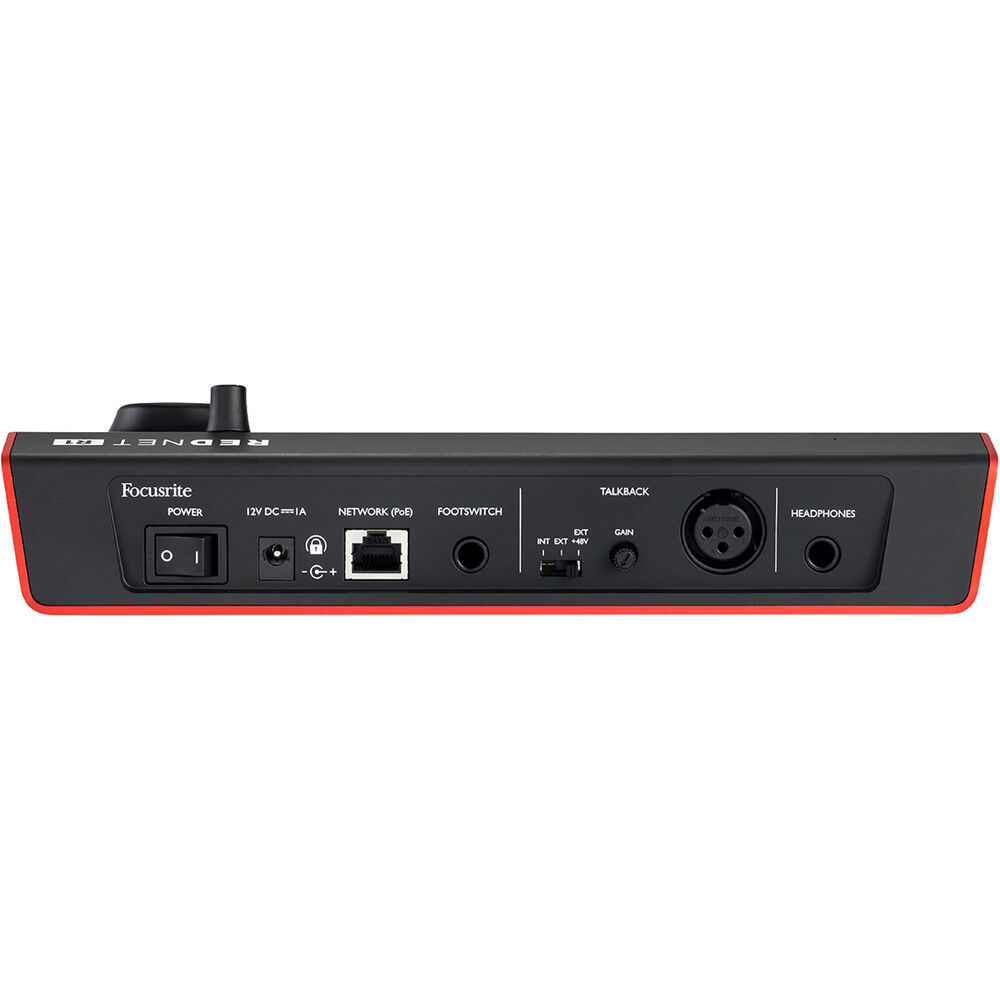 Focusrite RedNet R1 studio monitor controller with display and control knobs for professional audio monitoring setup.