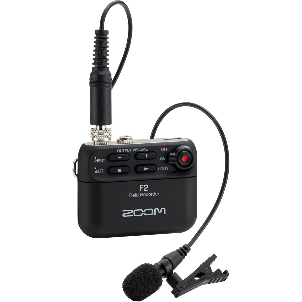 Zoom F2 digital recorder with compact design, multiple input ports, and professional audio recording features.