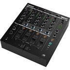 Reloop RMX-44 BT DJ mixer with four channels and sleek design, featuring controls and connections for professional use.
