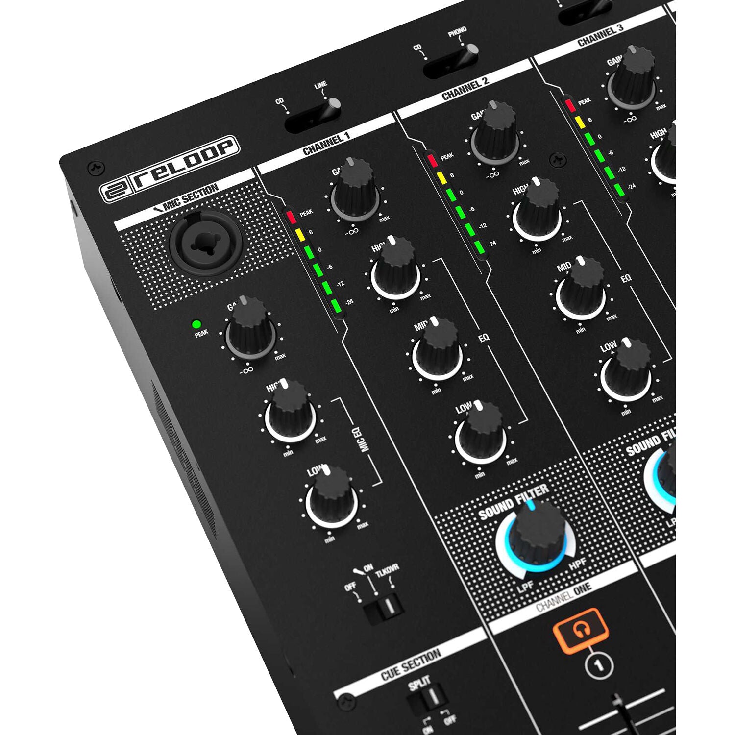 Reloop RMX-44 BT DJ mixer with four channels, USB connectivity, and colorful control knobs on a sleek black design.