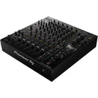 Pioneer DJ DJM-V10-LF professional DJ mixer with multiple channels and large touch screens, black color, detailed control knobs.