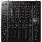 Pioneer DJ DJM-V10-LF professional DJ mixer with multiple channels, digital displays, and sleek black design.