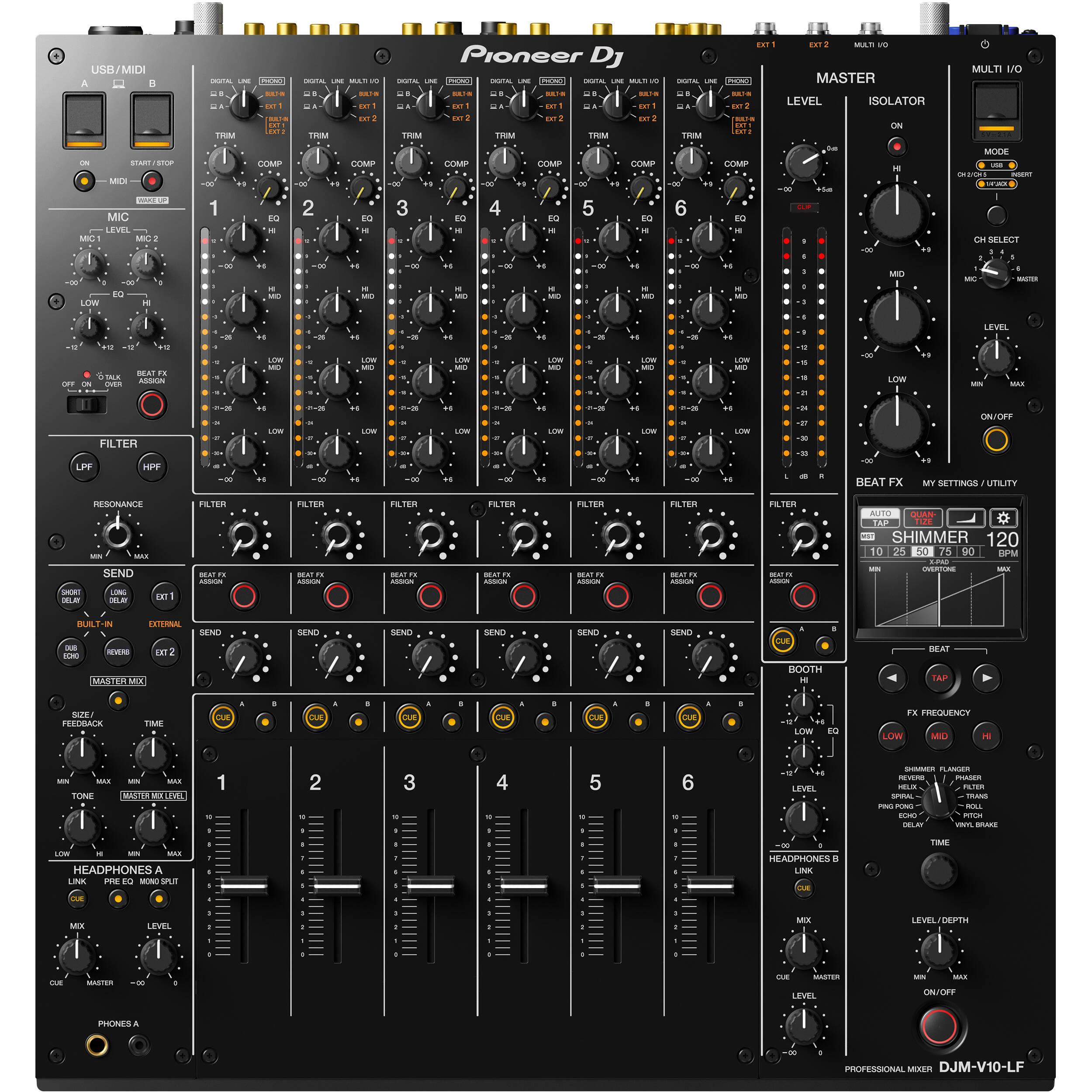 Pioneer DJ DJM-V10-LF professional DJ mixer with multiple channels, digital displays, and sleek black design.