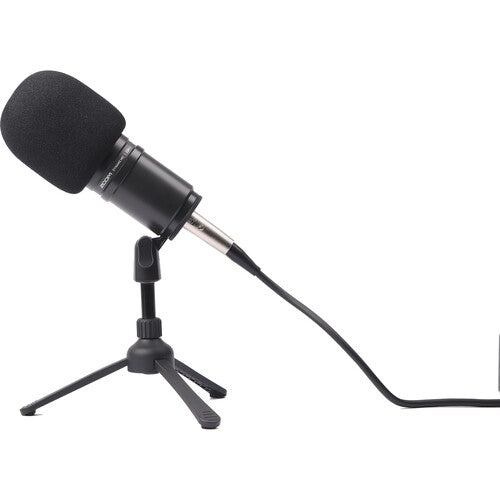 Zoom ZDM-1 dynamic microphone shown with its sleek black body and grille, ideal for professional audio recording.