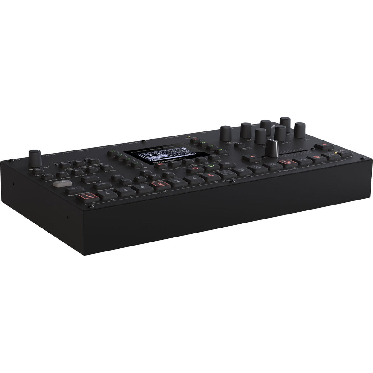 Elektron Octatrack MK2 black drum machine and sampler with multiple control knobs and a large LCD screen.