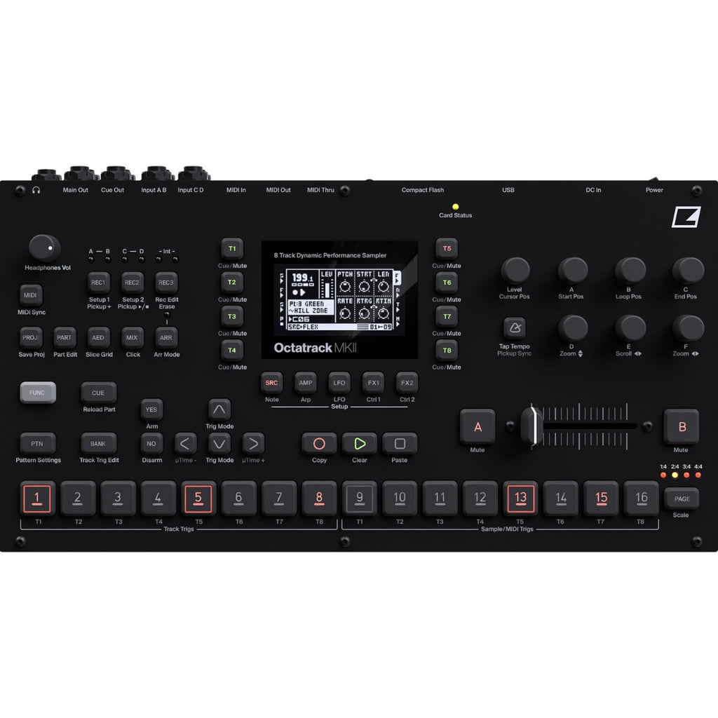 Elektron Octatrack MK2 black drum machine and sampler with multiple control knobs and display screen.
