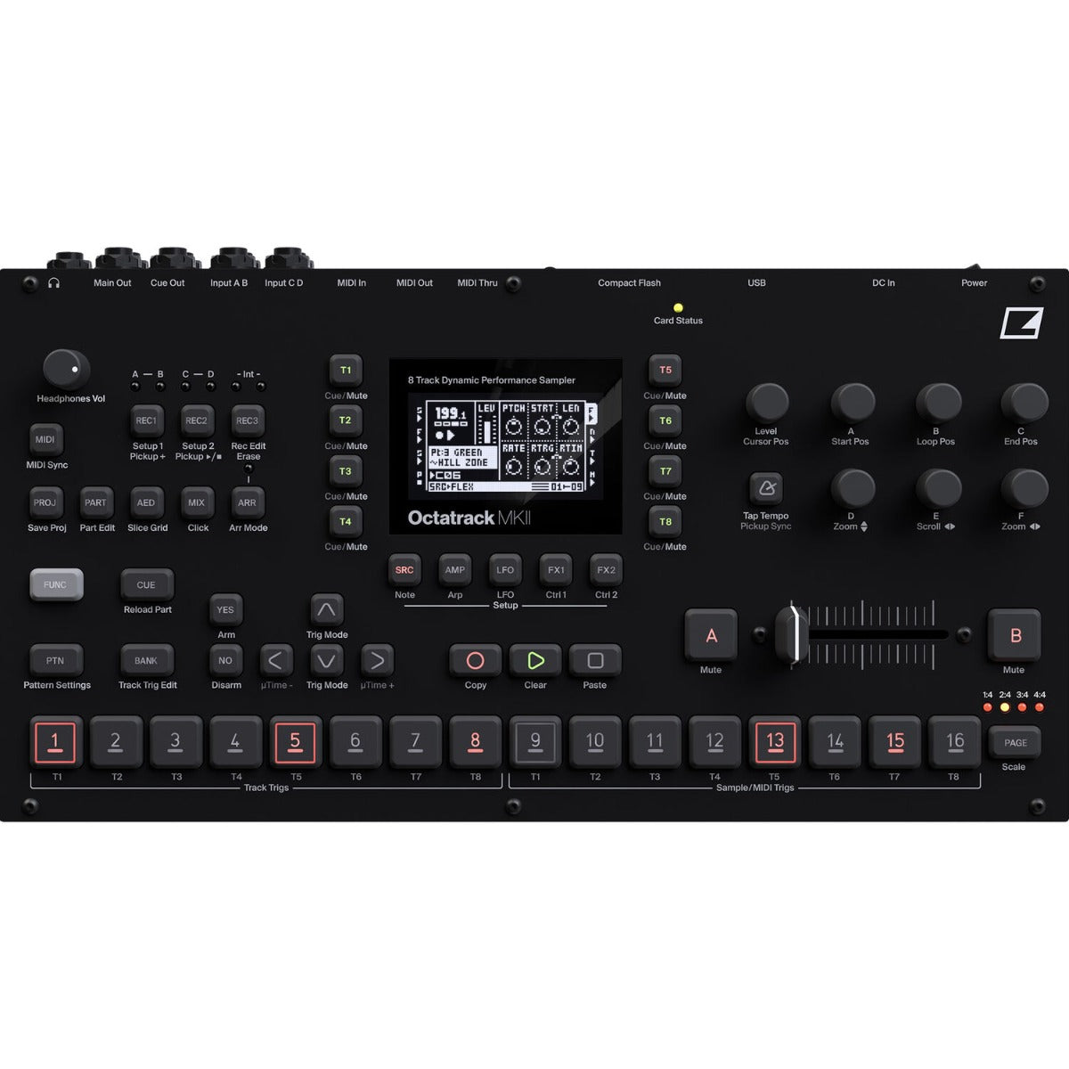 Elektron Octatrack MK2 black drum machine and sampler with multiple control knobs and display screen.