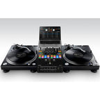 Pioneer DJM-S7 mixer with dual channel faders and colorful LED displays for professional DJ performance.