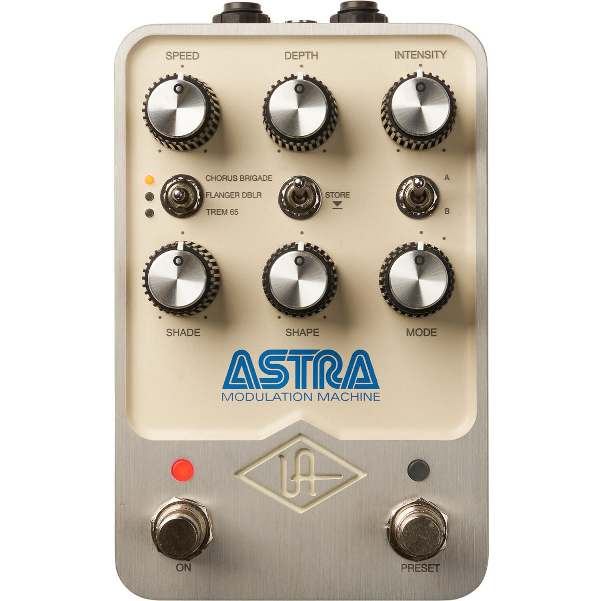 Universal Audio UAFX Astra Modulation Machine with knobs and switches, showcasing a sleek design for guitar effects.
