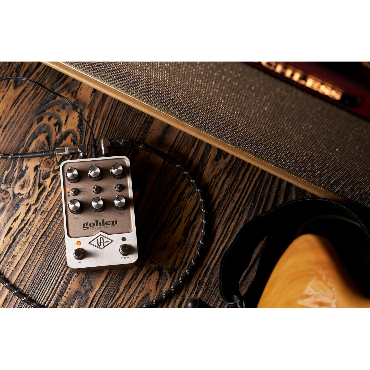 Universal Audio UAFX Golden Reverberator effects pedal with sleek design and controls for rich reverb sounds.