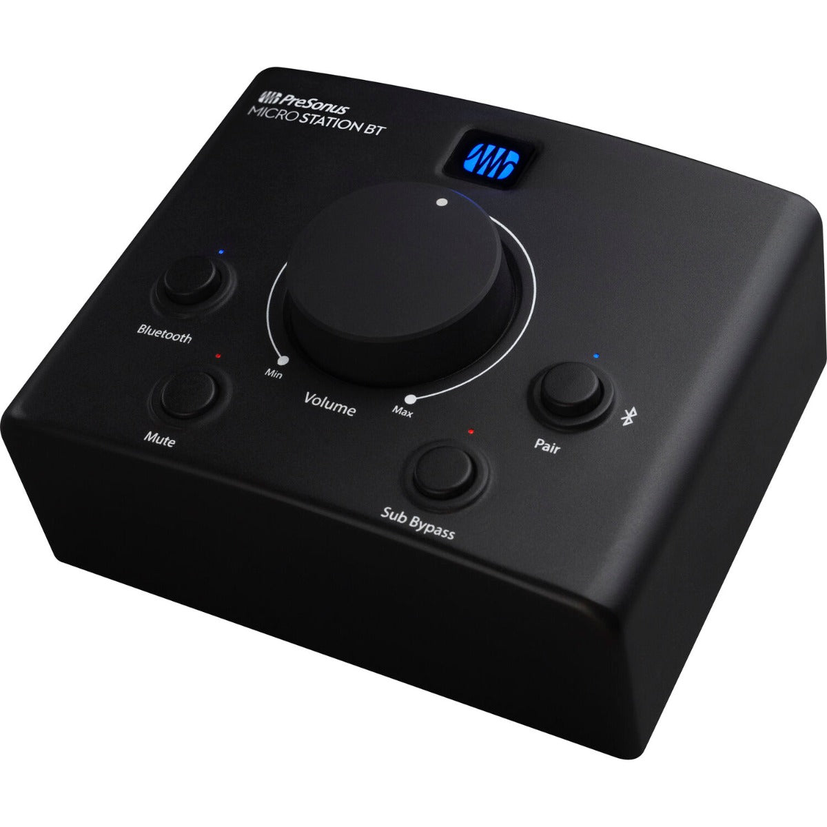 Presonus MicroStation BT studio monitor controller with sleek design and control knobs, ideal for audio mixing setups.