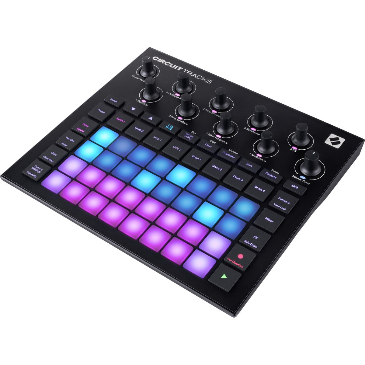 Novation Circuit Tracks sequencer device with buttons and knobs for music production and live performance.