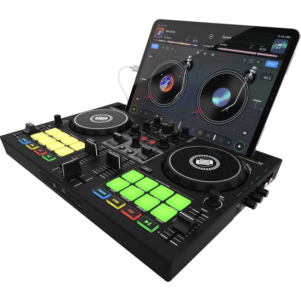 Reloop Buddy DJ controller with compact design and illuminated performance pads for seamless mixing and creativity.