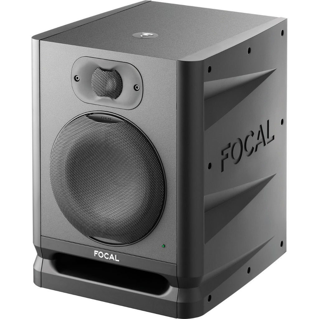 Focal Alpha 65 Evo active nearfield monitor speaker with black enclosure and front-facing controls, designed for studio use.