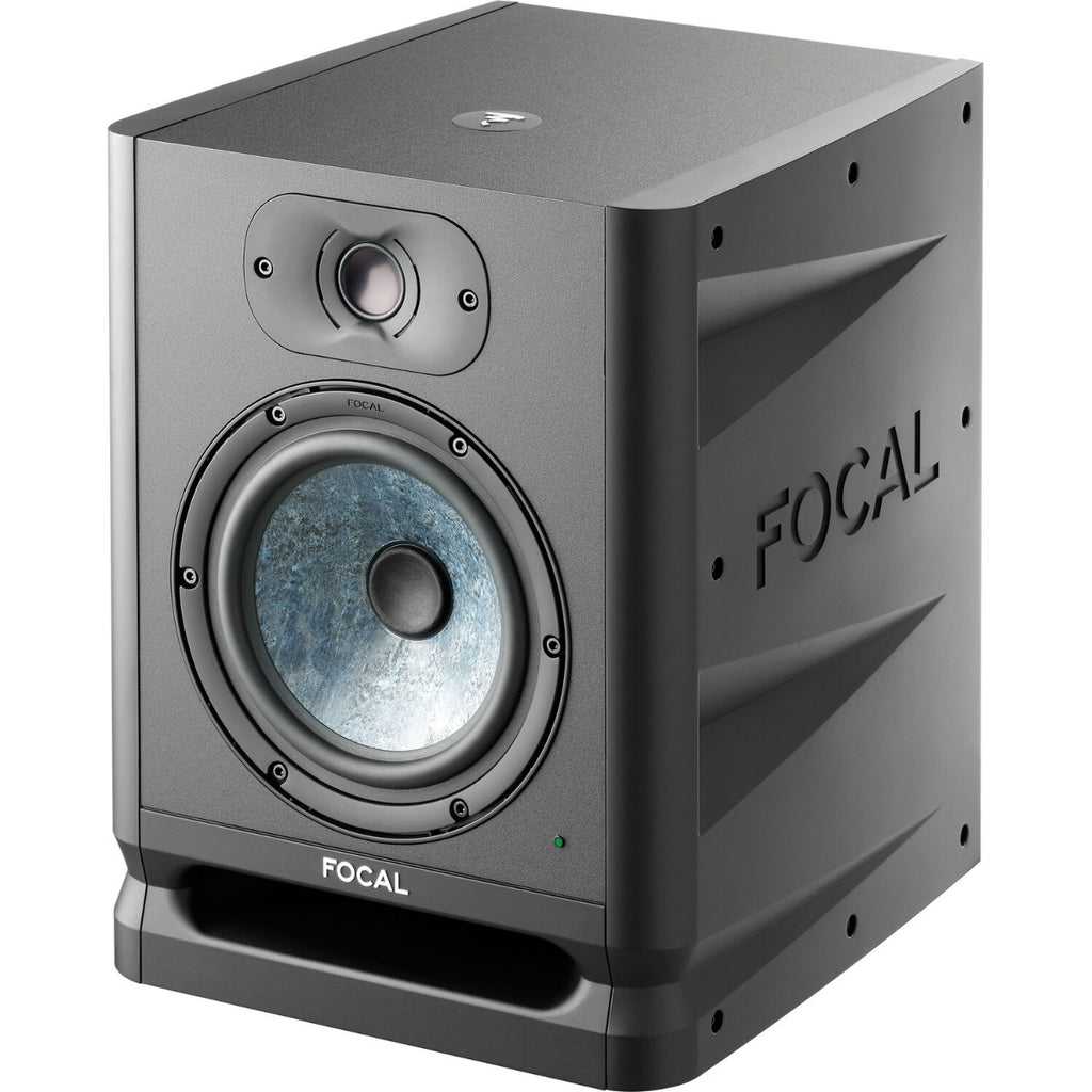 Focal Alpha 65 Evo active nearfield monitor speaker with black enclosure and control knobs on the front.