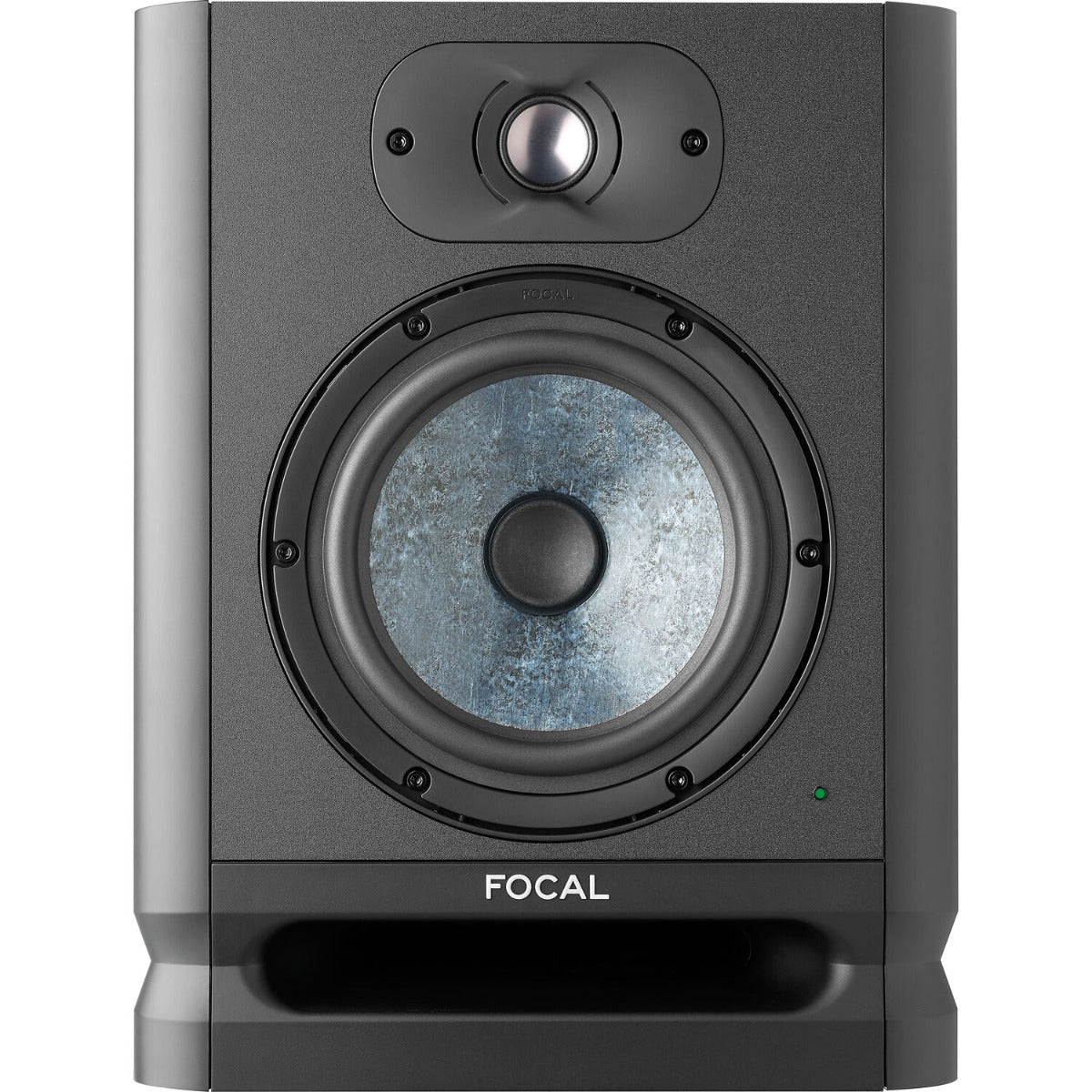 Focal Alpha 65 Evo active nearfield monitors, two black studio speakers with control knobs and ports, on a wooden surface.
