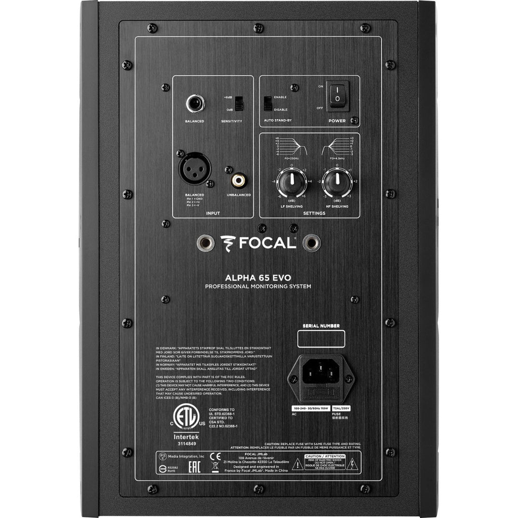 Focal Alpha 65 Evo active nearfield monitor speakers with sleek black finish and front-facing controls.