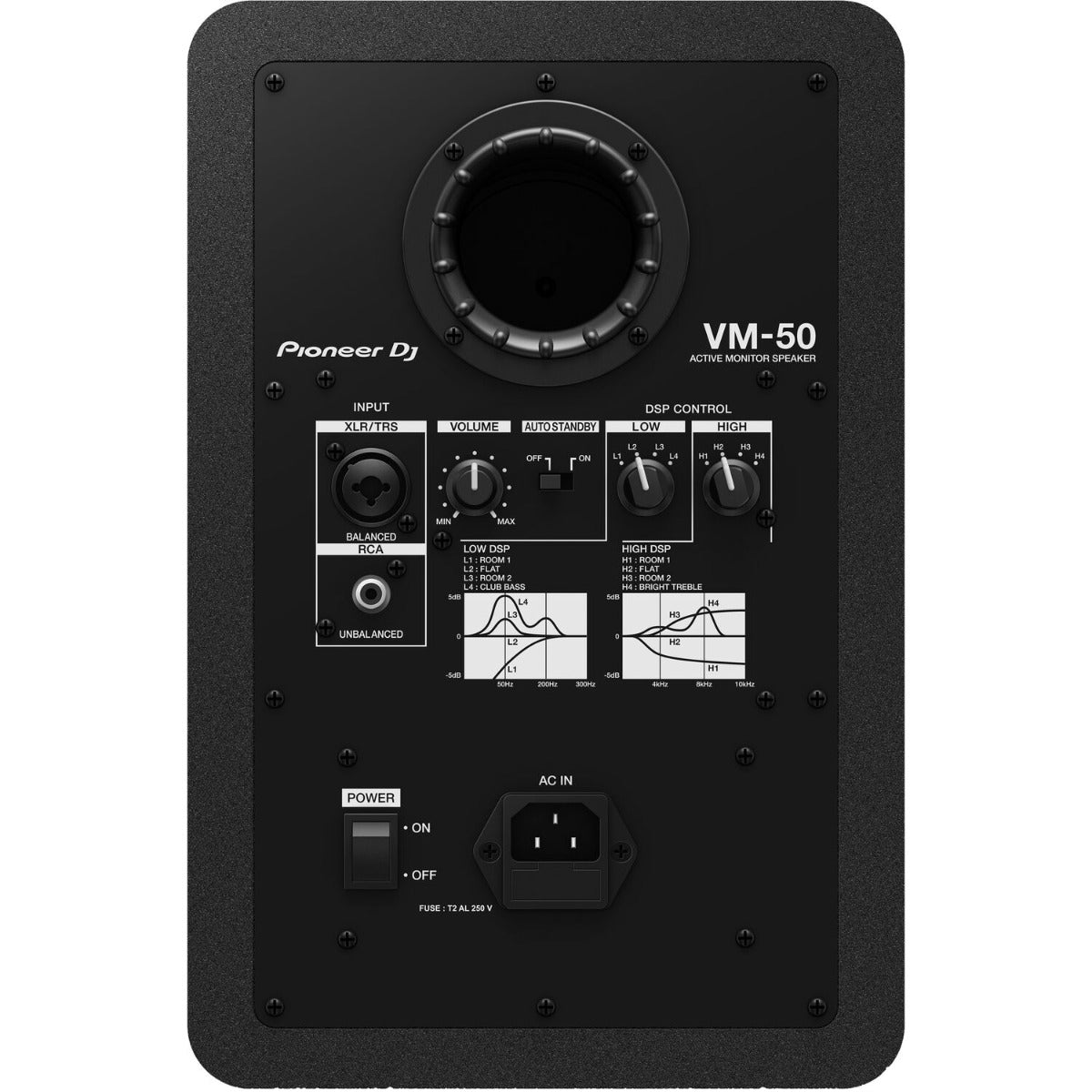 Pioneer DJ VM-50 active nearfield monitors shown with front view, featuring black speaker enclosures and control knobs.