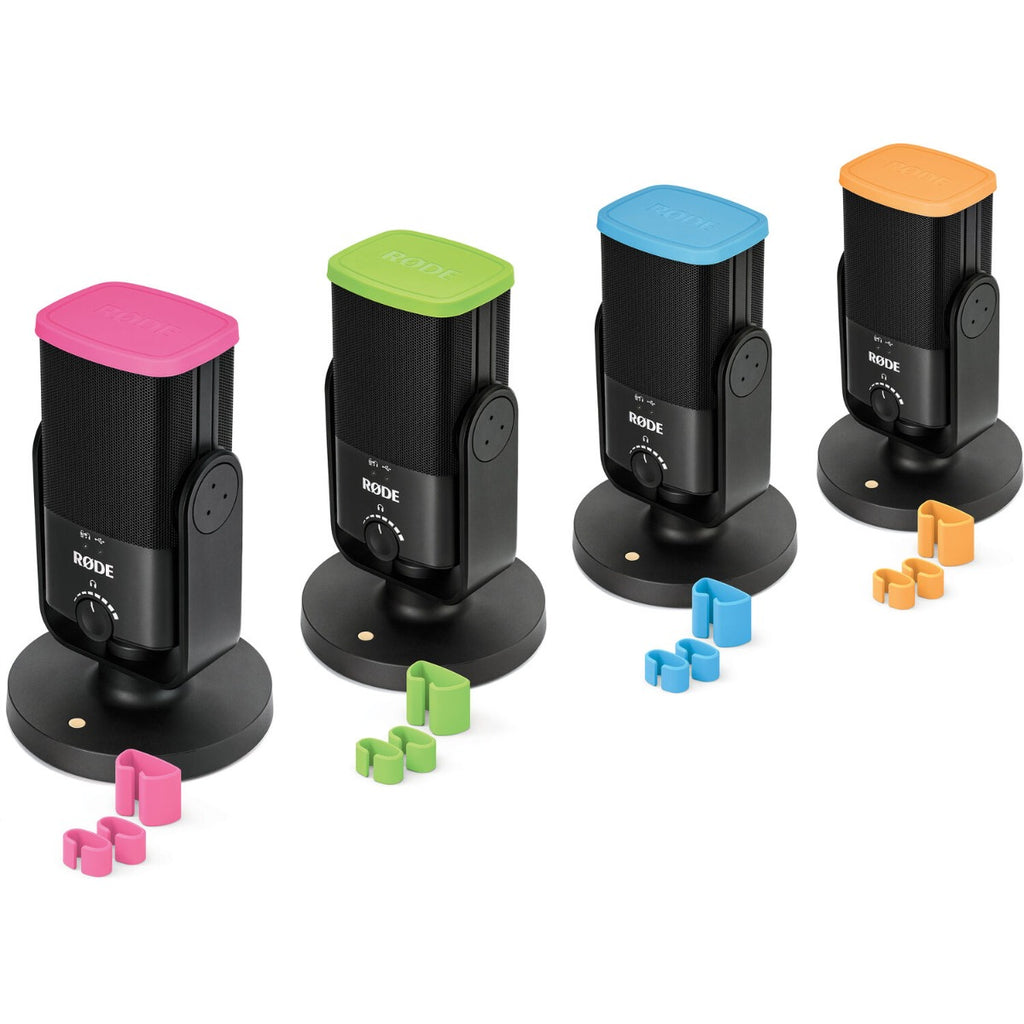 Rode Colors1 microphone accessories set for NT-USB Mini, featuring four colorful windscreens in various shades.