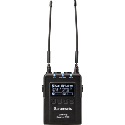 Saramonic UwMic9s Kit 2 professional wireless microphone system with two transmitters and receiver, compact and portable.