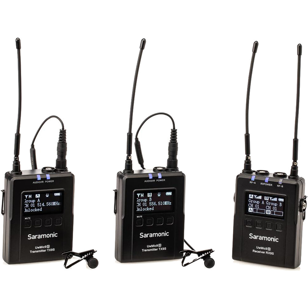 Saramonic UwMic9s Kit 2 professional wireless microphone system with two transmitters and receiver, compact and versatile.