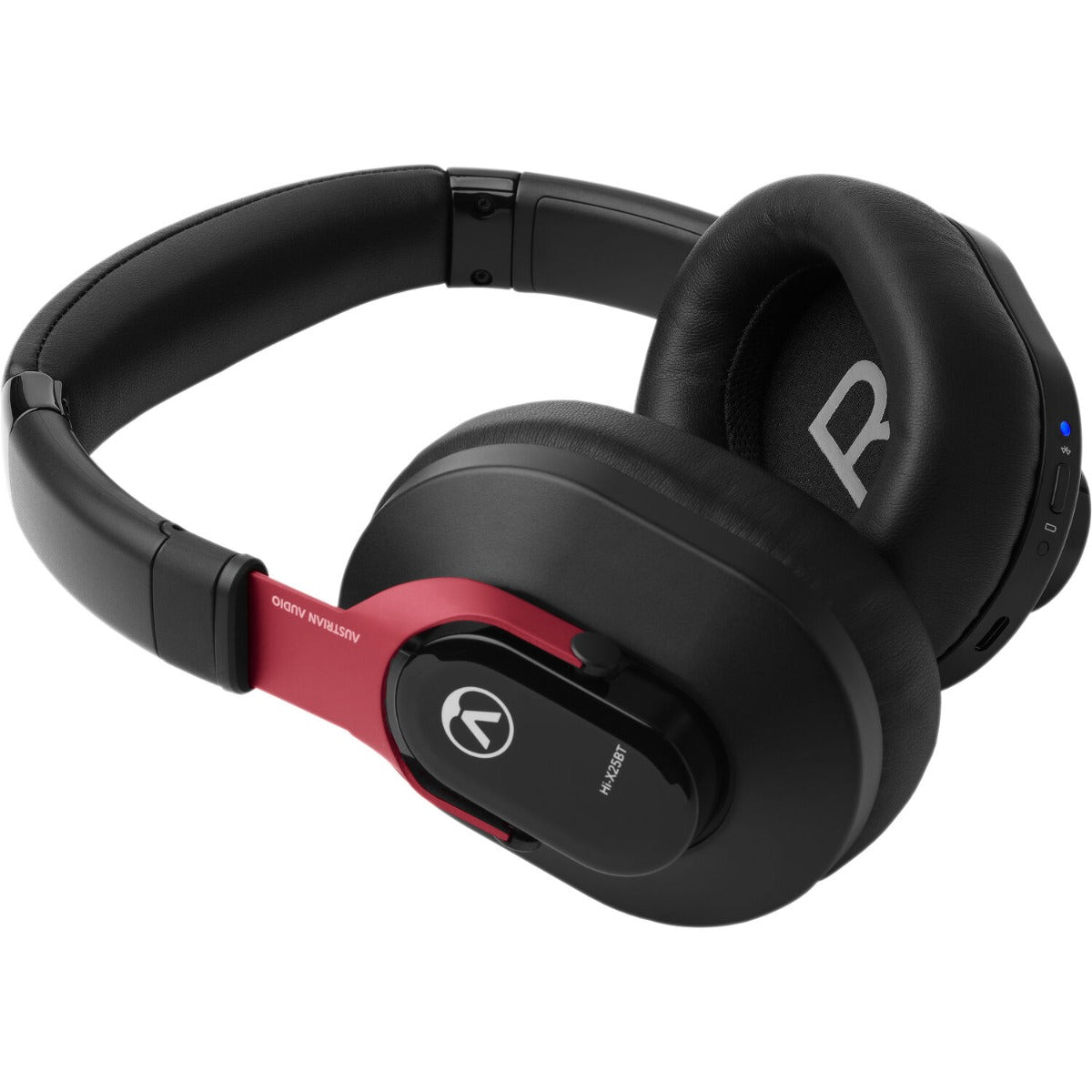 Austrian Audio Hi-X25BT wireless headphones in black with cushioned ear cups and adjustable headband, showing side view.