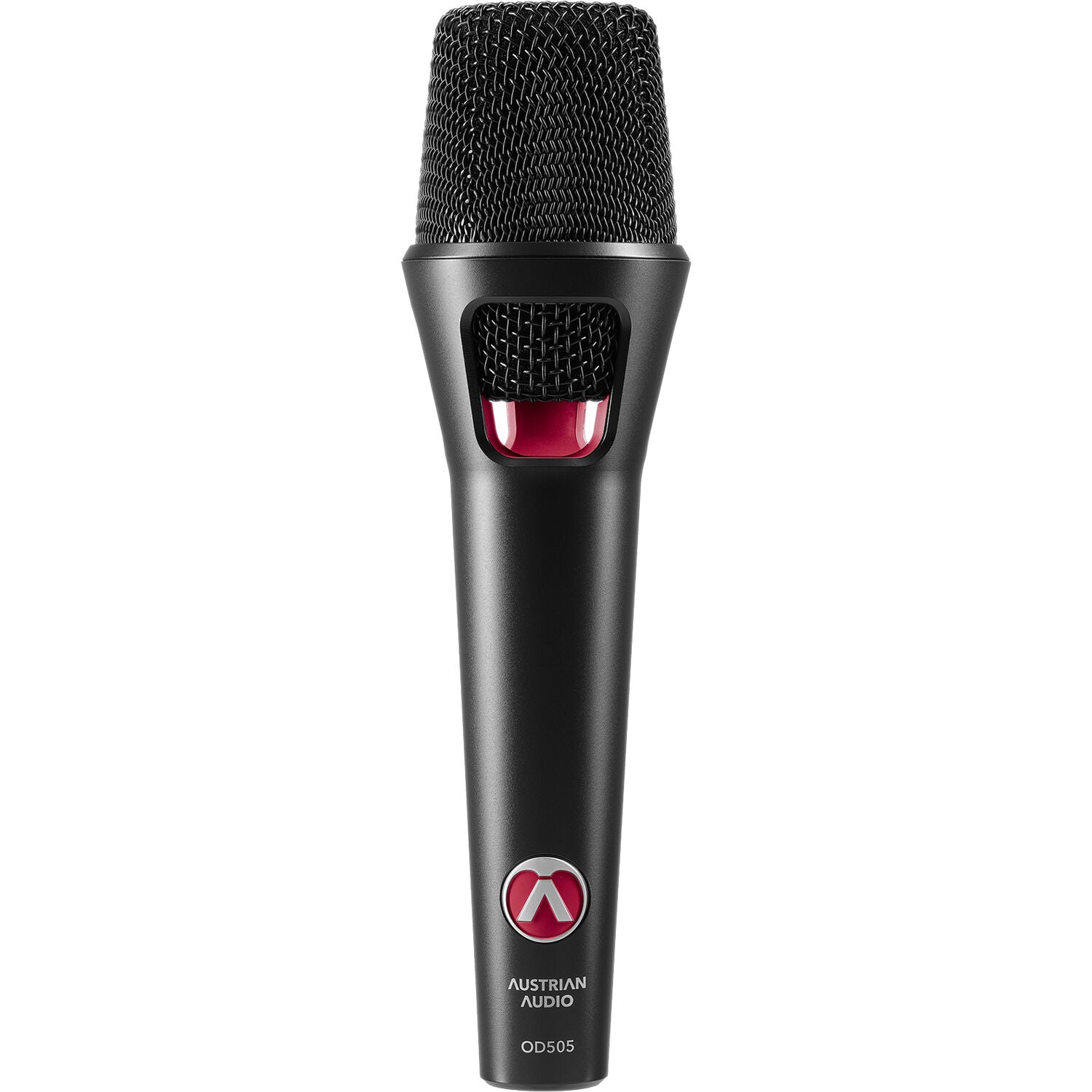 Austrian Audio OD505 dynamic microphone with black body and grille, ideal for studio or live vocal and instrument recording.