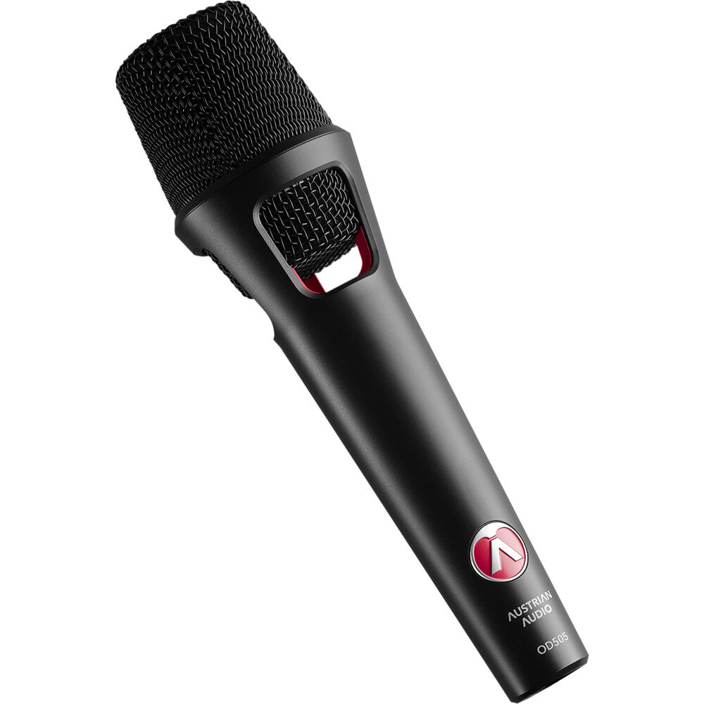 Austrian Audio OD505 dynamic microphone with metal grille and black body, positioned upright on a stand.