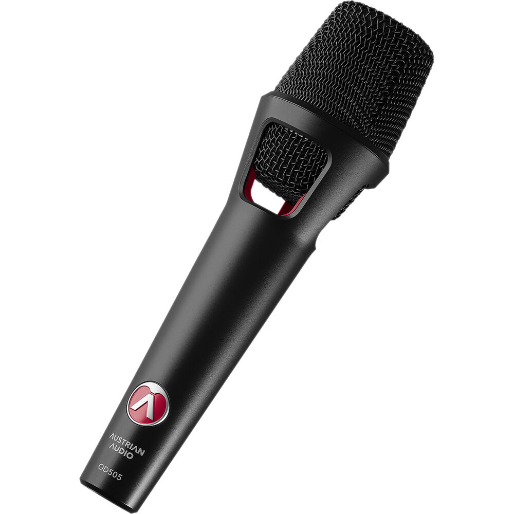 Austrian Audio OD505 dynamic microphone with black body and grille, suitable for professional vocal and instrument recording.