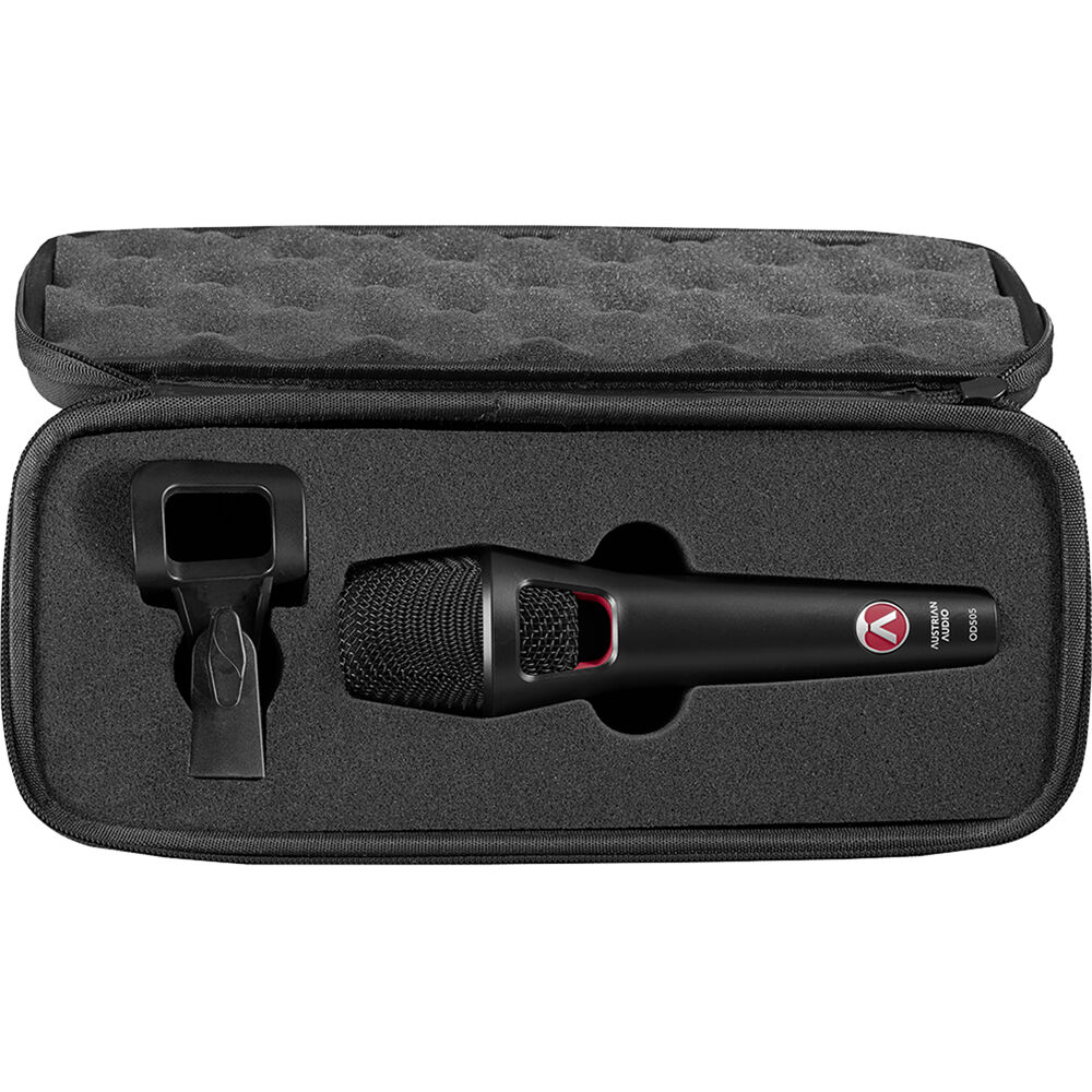 Austrian Audio OD505 dynamic microphone with a black body and grille, suitable for studio and live sound applications.