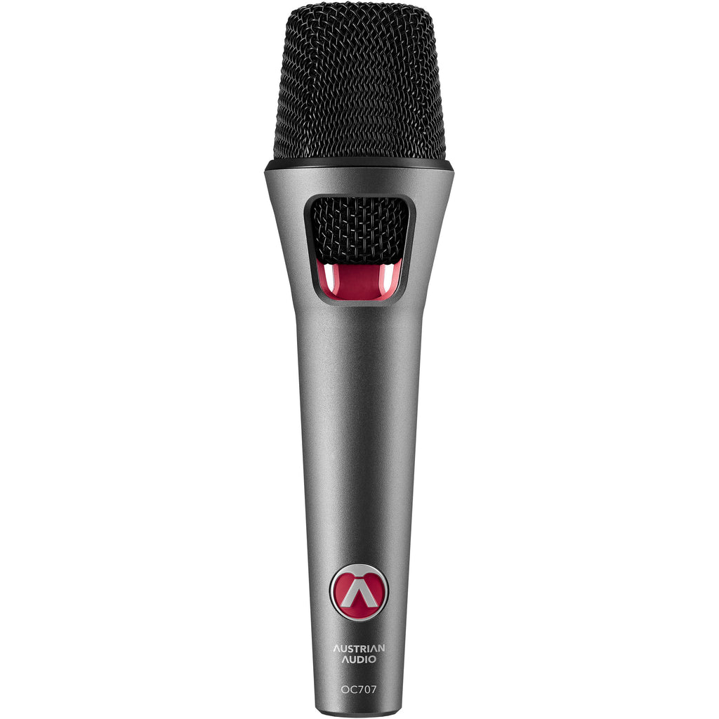Austrian Audio OC707 condenser microphone with silver finish, mounted on a stand, showing its detailed capsule and professional design.