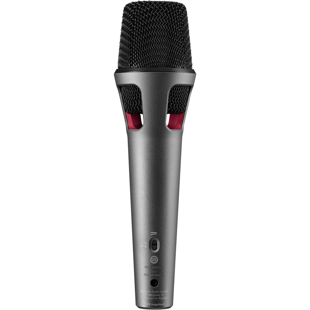 Austrian Audio OC707 condenser microphone with black body and grille, set against a neutral background.