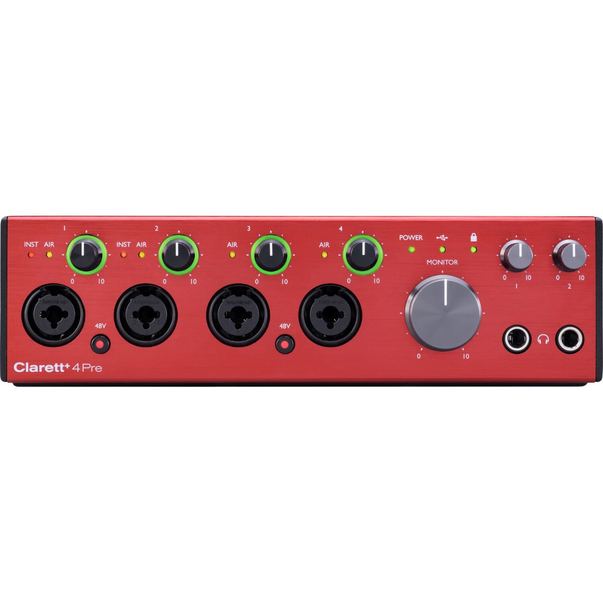 Focusrite Clarett+ 4Pre audio interface with multiple input and output ports, compact design, and professional-grade audio connectivity.
