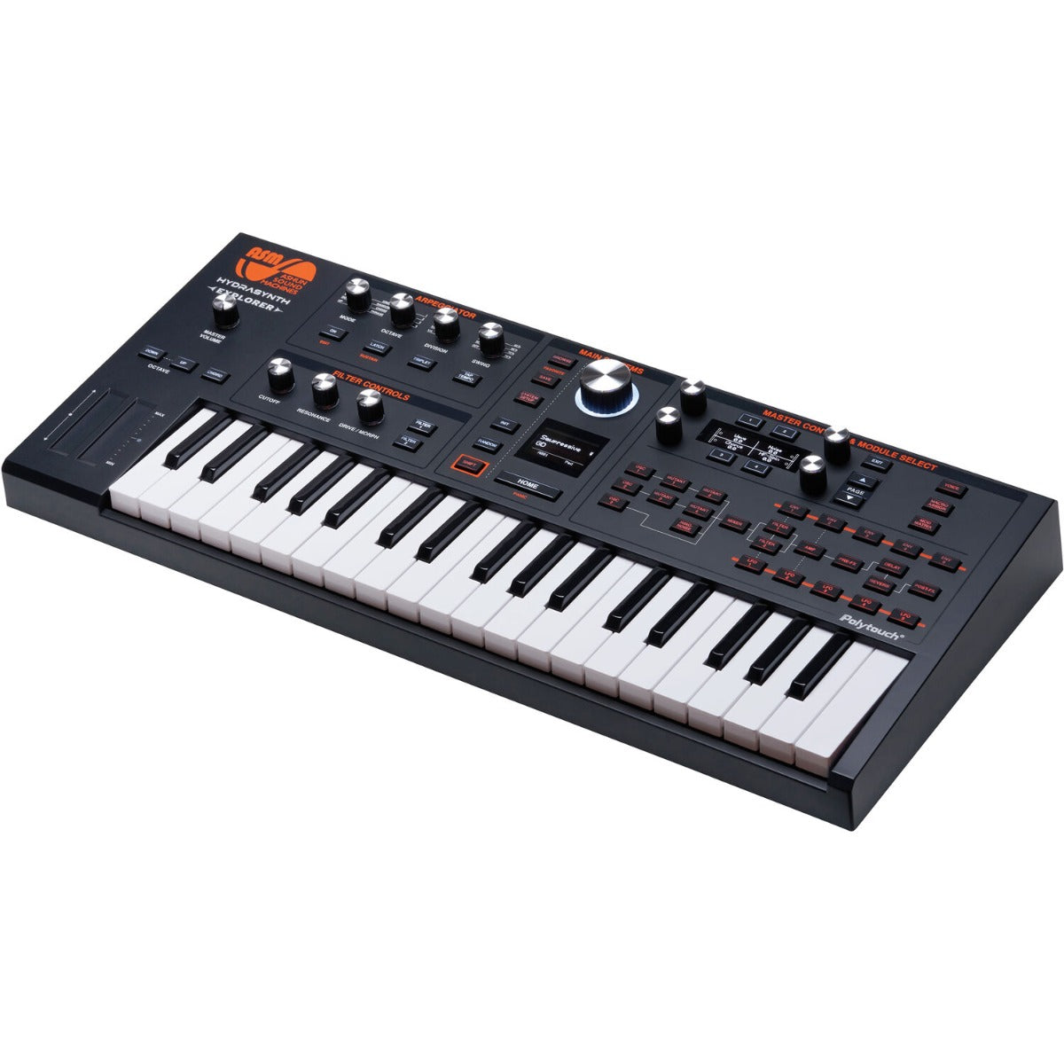 ASM Hydrasynth Explorer synthesizer with a compact keyboard, colorful interface, and various control knobs and buttons.