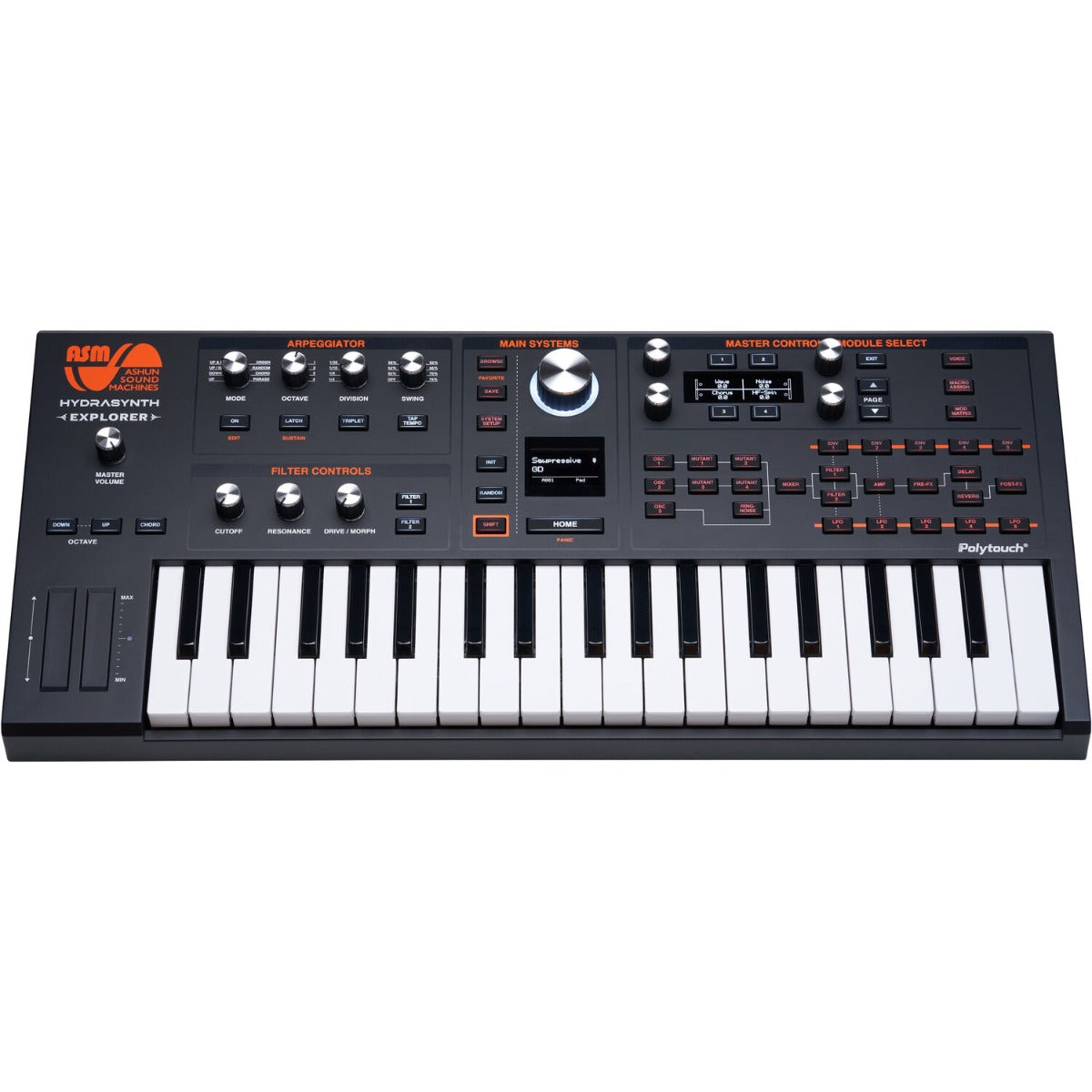 ASM Hydrasynth Explorer synthesizer with keyboard, featuring various knobs and controls for sound design and modulation.