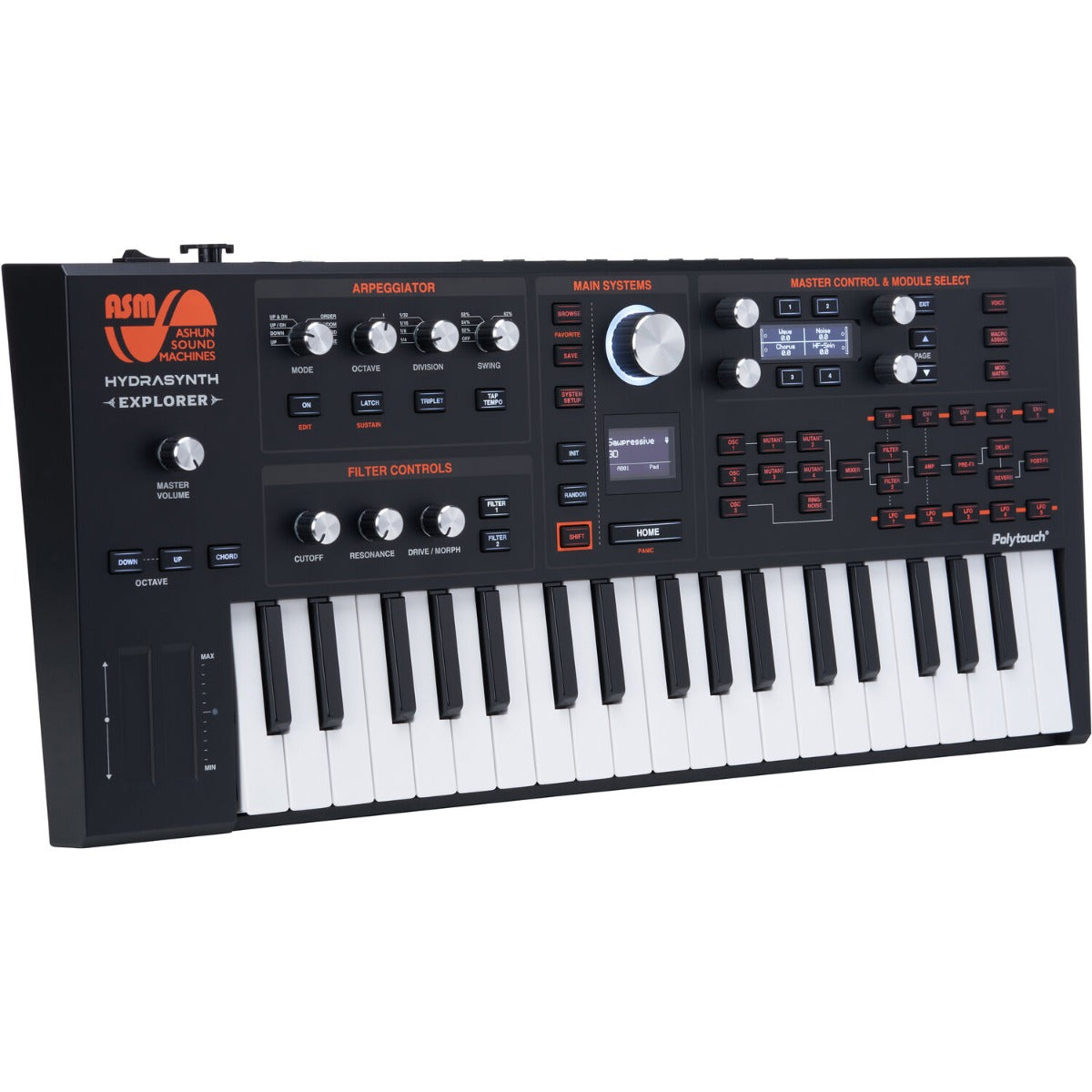 ASM Hydrasynth Explorer synthesizer with black control panel, multiple knobs, and keyboard keys visible in the image.