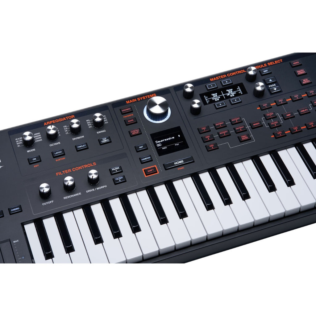ASM Hydrasynth Explorer synthesizer with colorful control knobs and keyboard, showcasing a compact electronic music instrument.